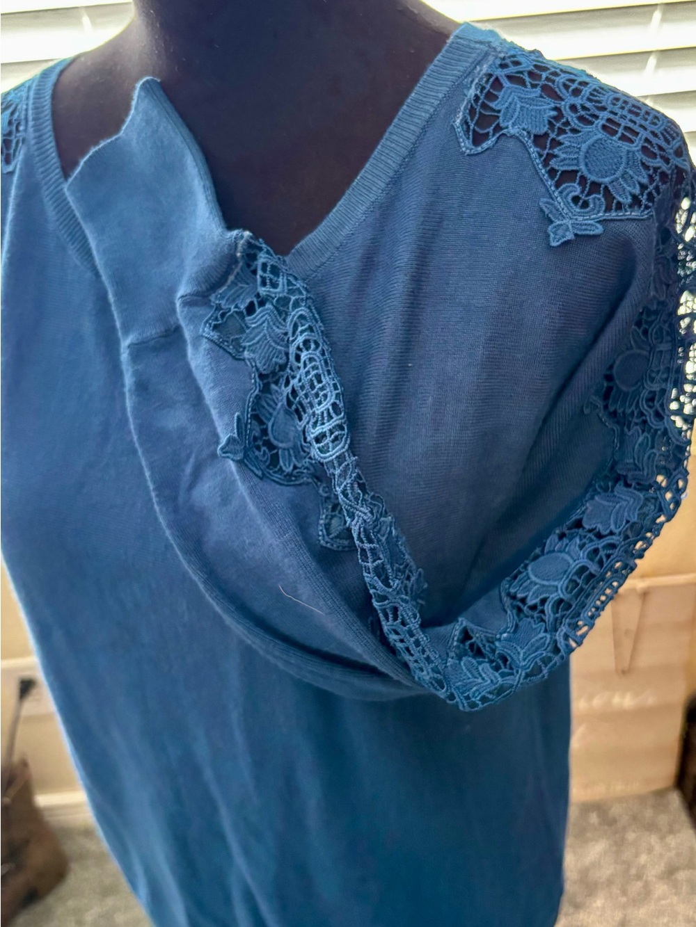 Ruby Rd. Royal Blue Sweater with Lace Sleeve Inserts - Picture 3 of 5